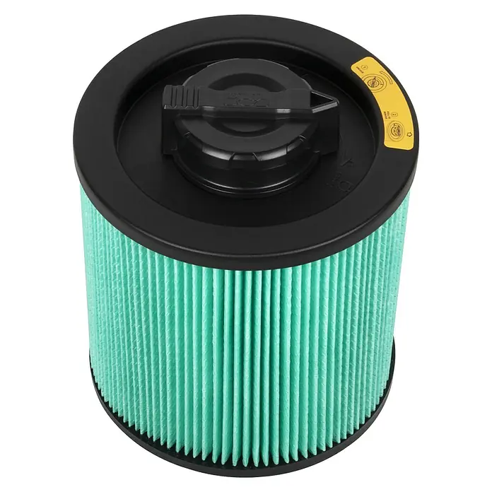 DeWalt HEPA-Filter DXVC6914 - Passend für: Nass-Trockensauger 23-61 l - Abbildung eines grünen Staubsaugerfilters mit schwarzem Deckel. Ein Ersatzfilter für Staubsaugergeräte.