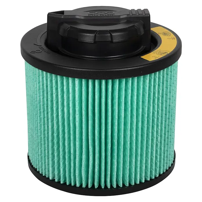 DeWalt HEPA-Filter DXVC4003 - Passend für: Nass-Trockensauger DXV04T, DXV05P, DXV05S, DXV08S, DXV06G - Nahaufnahme eines turquisfarbenen Luftfilters mit schwarzem Kunststoffdeckel, der auf einem schwarzen Hintergrund steht.