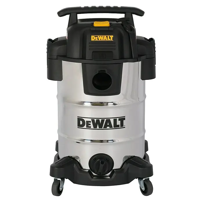 DeWalt Elektro-Nass- & Trockensauger DXV30SAPTA - 1.050 W, Behältervolumen: 30 l, Filterreinigung: Vollautomatisch - Abbildung eines DeWalt Nass- und Trockensaugers mit einem Edelstahltank und gelbem DeWalt-Logo.