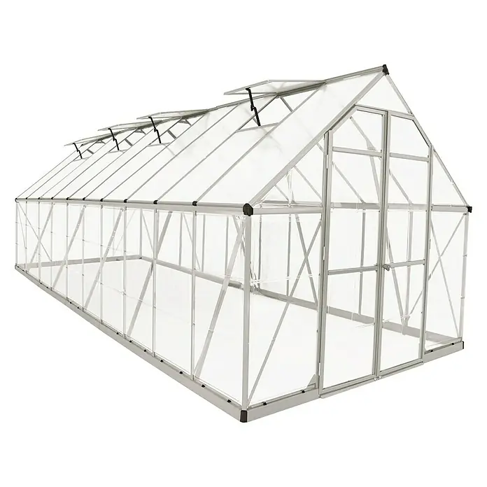 Palram – Canopia Gewächshaus Balance - Außenmaß inkl. Dachüberstand (B x T): 244 x 607 cm, 0,7 mm, Silber - Ein geräumiges Gewächshaus mit transparenten Wänden und Dach, ideal für den Anbau von Pflanzen und Gemüse. Die robuste Konstruktion sorgt für Langlebigkeit.