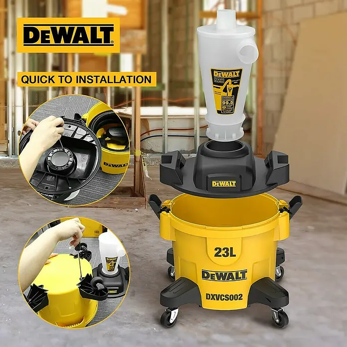DeWalt Absauganlage DXVCS002 - Behältervolumen: 23 l - Abbildung des DeWalt DXVCS002 Zyklon-Staubabscheiders mit Behälter, der sich einfach anbringen lässt und eine hohe Saugleistung bietet.