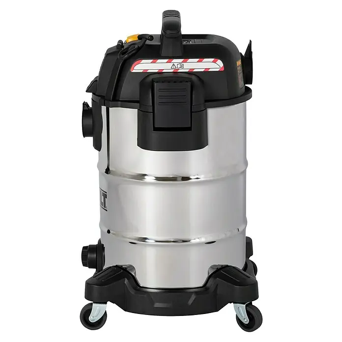 DeWalt Elektro-Nass- & Trockensauger DXV30SAPTA - 1.050 W, Behältervolumen: 30 l, Filterreinigung: Vollautomatisch - Abbildung eines DeWalt Nass-/Trockensaugers aus Edelstahl mit schwarzem Oberteil und Untergestell.