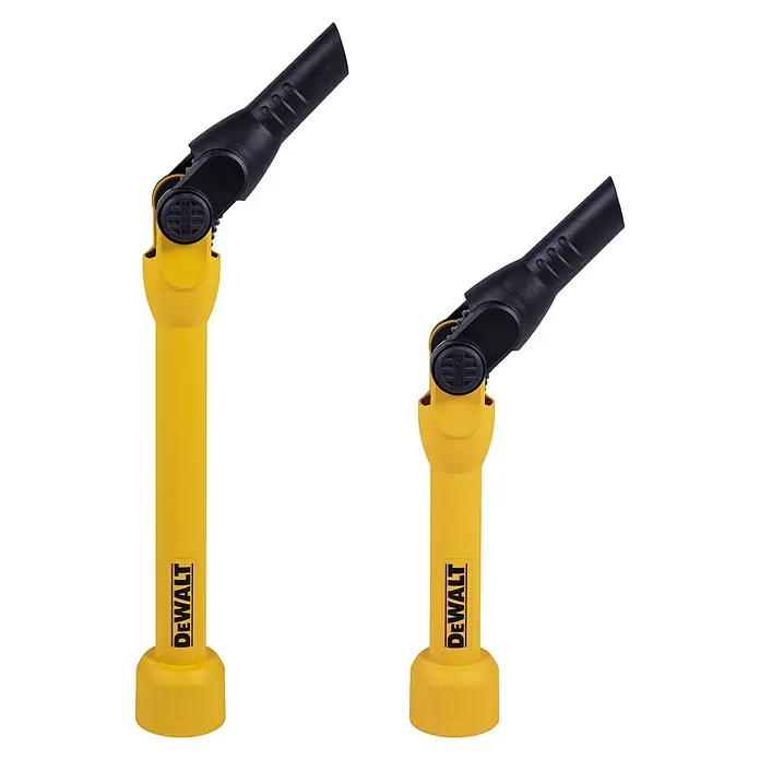DeWalt Sauger-Verlängerungsrohr DXVA00-1200E - 2 -tlg. - Zwei gelbe DeWalt LED-Arbeitsleuchten mit schwarzem, verstellbarem Kopf vor schwarzem Hintergrund.