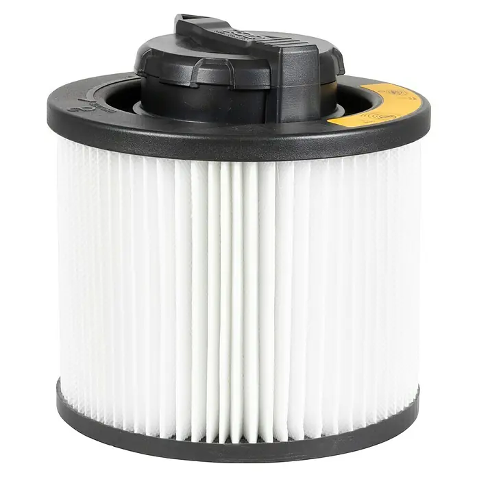 DeWalt Patronenfilter DXVC4001 - Passend für: Dewalt DXV15T, DXV20P, DXV20PTA und DXV30SAPTA, 1 Stk. - Abbildung eines Luftfilters für Staubsauger. Der Filter ist zylindrisch und hat eine schwarze Kunststoffabdeckung.