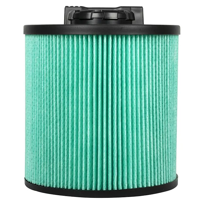 DeWalt HEPA-Filter DXVC6914 - Passend für: Nass-Trockensauger 23-61 l - Eine Nahaufnahme eines mintgrünen Staubsaugerfilters mit schwarzer Ober- und Unterseite. Er ist zylindrisch und plissiert.