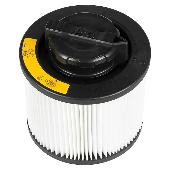 DeWalt Patronenfilter DXVC4001 - Passend für: Dewalt DXV15T, DXV20P, DXV20PTA und DXV30SAPTA, 1 Stk. - Ein runder Filter für Staubsauger mit schwarzem Deckel und gelben Hinweisen zur Entriegelung und Entfernung.