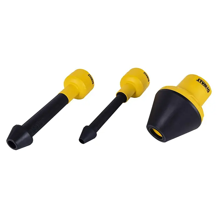 DeWalt Zubehör-Set DXVA00-0301E - 3 -tlg. - Dreifachansicht eines DeWalt-Staubabsaugungsaufsatzes in Gelb und Schwarz für Bohrmaschinen, um Staub und Ablagerungen während des Gebrauchs zu reduzieren.