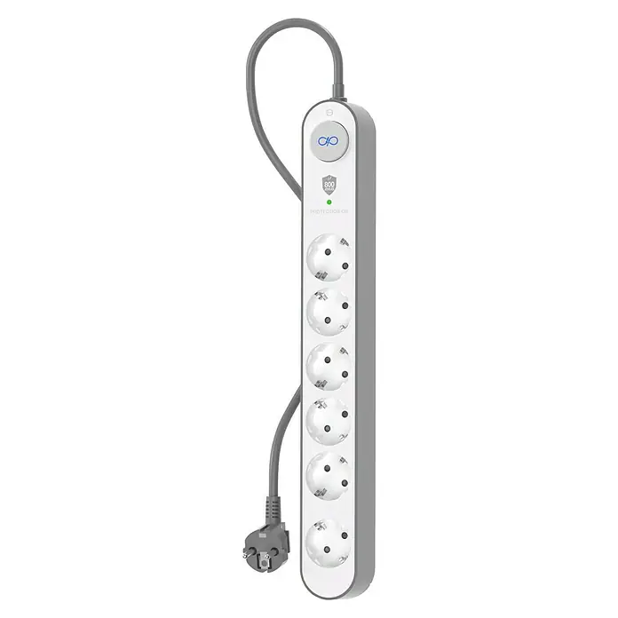 Metronic Base de enchufe múltiple con interruptor - Blanco/Gris, Longitud del cable: 1,5 m, Con interruptor - Regleta blanca de 6 tomas con protección contra sobretensiones y cable gris, ideal para usar en la oficina o en casa.