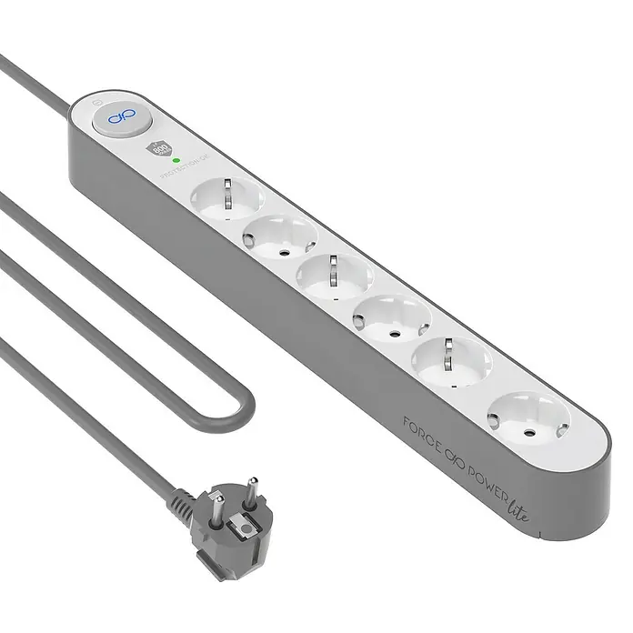 Metronic Base de enchufe múltiple con interruptor - Blanco/Gris, Longitud del cable: 1,5 m, Con interruptor - Regleta Force Power Lite con cinco enchufes, protección contra sobretensiones y cable gris.