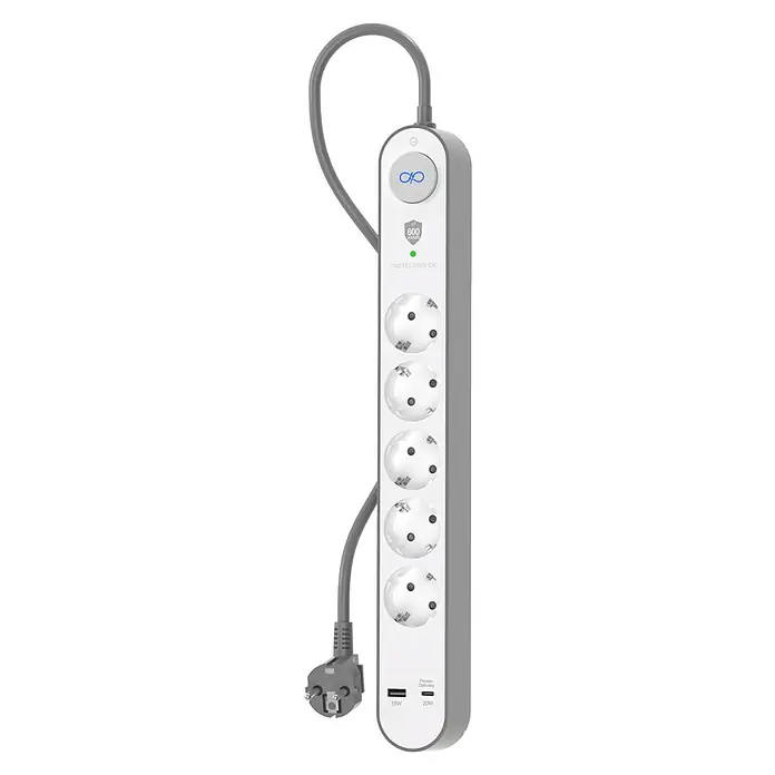 Metronic Base de enchufe múltiple con USB - Con USB A y USB C, Blanco/Gris, Longitud del cable: 1,5 m, Sin interruptor - Una regleta gris con cinco enchufes y puertos USB de 18W y 20W para cargar rápidamente dispositivos electrónicos.