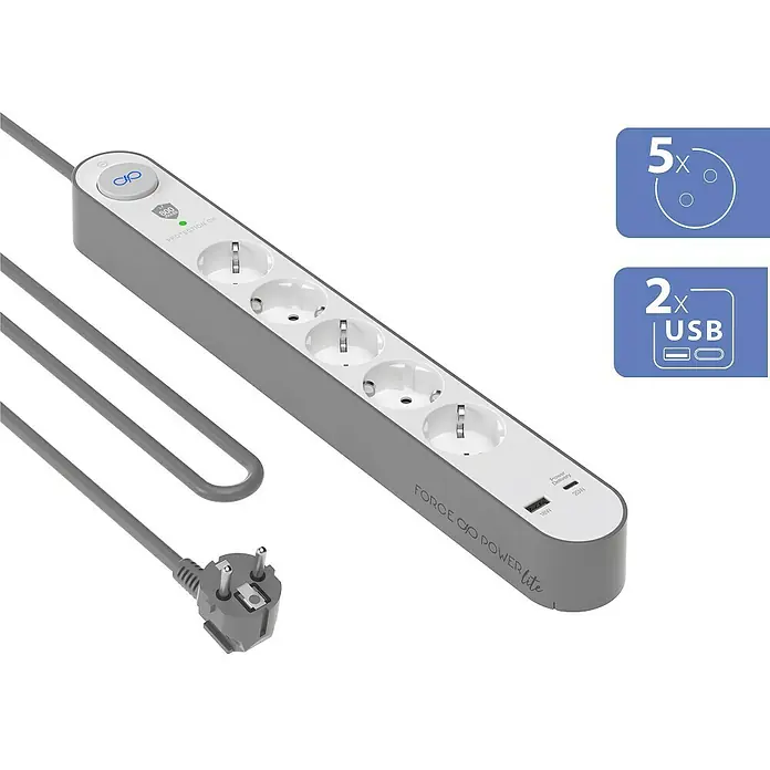 Metronic Base de enchufe múltiple con USB - Con USB A y USB C, Blanco/Gris, Longitud del cable: 1,5 m, Sin interruptor - Regleta gris con cinco enchufes y dos puertos USB para una alimentación versátil.