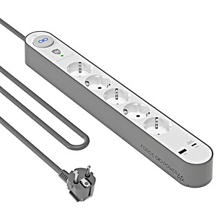 Metronic Base de enchufe múltiple con USB (Con USB A y USB C, Blanco/Gris, Longitud del cable: 1,5 m, Sin interruptor)