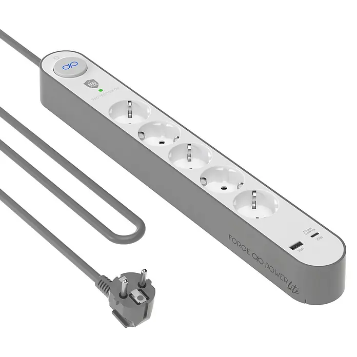 Metronic Base de enchufe múltiple con USB - Con USB A y USB C, Blanco/Gris, Longitud del cable: 1,5 m, Sin interruptor - Regleta gris Force Power Lite con múltiples enchufes y puertos USB para una distribución eficiente de energía.