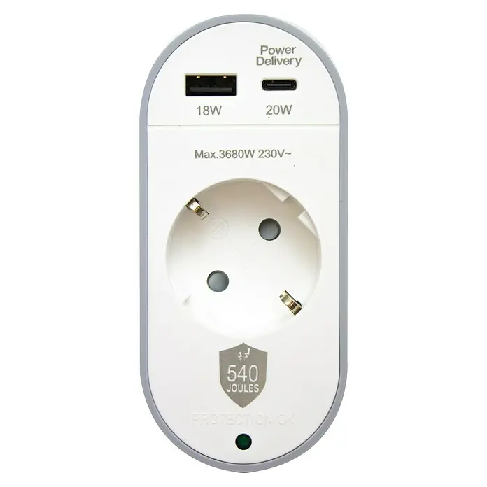Metronic Base de enchufe múltiple con USB - USB A y USB C, Blanco/Gris, Longitud del cable: 1,5 m, Sin interruptor - Enchufe con protección contra sobretensiones con puertos USB-A y USB-C, potencia máxima de 3680W y 540 julios de protección.