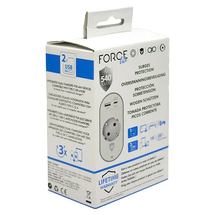 Metronic Base de enchufe múltiple con USB - USB A y USB C, Blanco/Gris, Longitud del cable: 1,5 m, Sin interruptor - Embalaje del producto para una toma de corriente con protección contra sobretensiones Force Lite con 2 puertos USB.