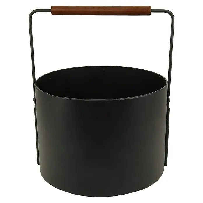 Valo Holzkorb - Ø x H: 35 x 44 cm, Stahl, Schwarz - Schwarzer Behälter mit Holzgriff. Er ist zylinderförmig und hat einen stabilen Griff für einfachen Transport, ideal für stilvolle Aufbewahrung.