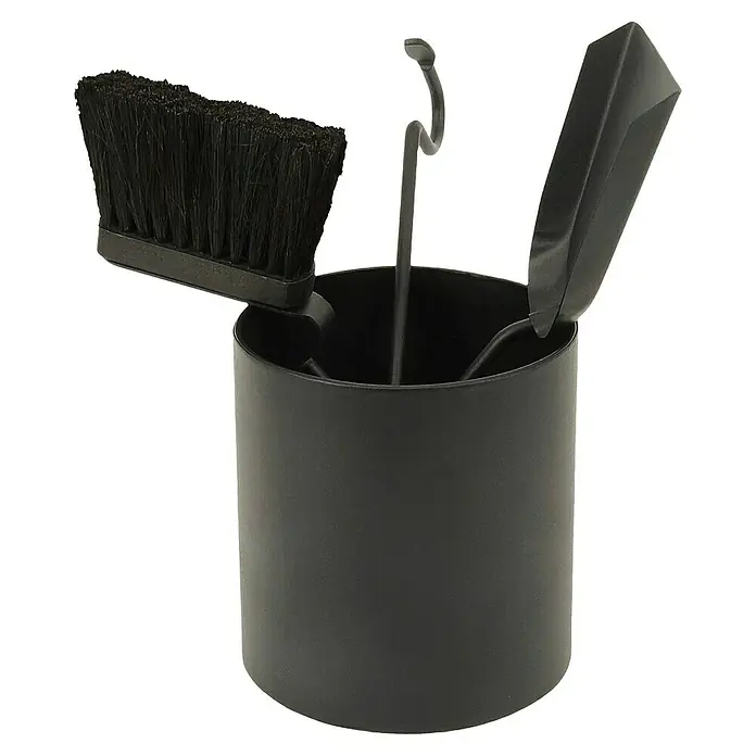 Valo Kaminbesteck Rim - Stahl, Schwarz, 34,5 cm - Abgebildet ist ein Kaminbesteck Set in einem schwarzen zylindrischen Ständer mit einer Bürste und einer Schaufel.