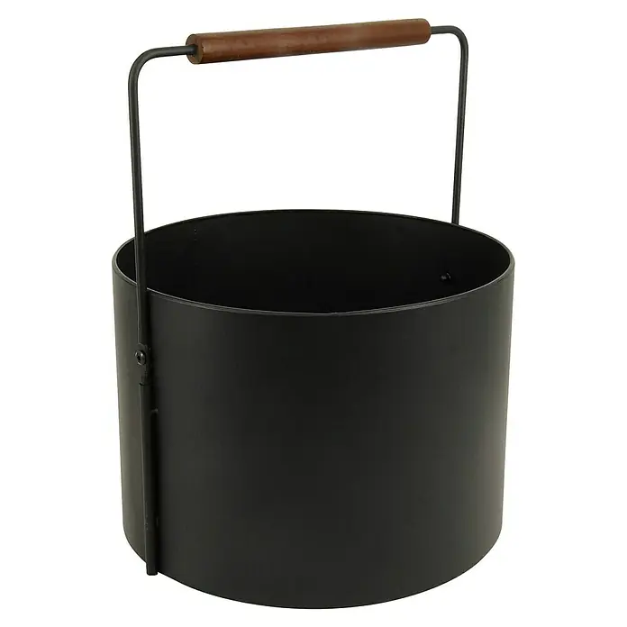 Valo Holzkorb - Ø x H: 35 x 44 cm, Stahl, Schwarz - Ein runder, schwarzer Eimer mit einem Holzgriff oben, der sich ideal für die Aufbewahrung oder als dekoratives Element eignet.