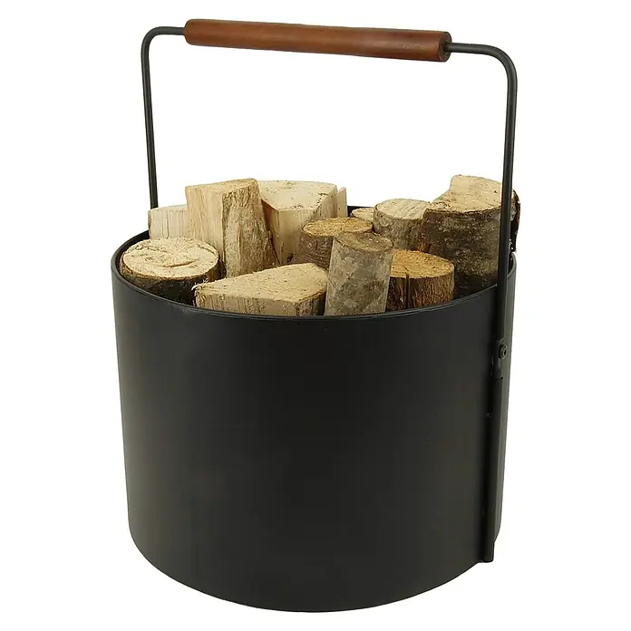 Valo Holzkorb - Ø x H: 35 x 44 cm, Stahl, Schwarz - Holzkorb mit Holzscheiten. Der runde Korb hat einen Tragegriff mit Holzauflage. Ideal für Kaminholz.