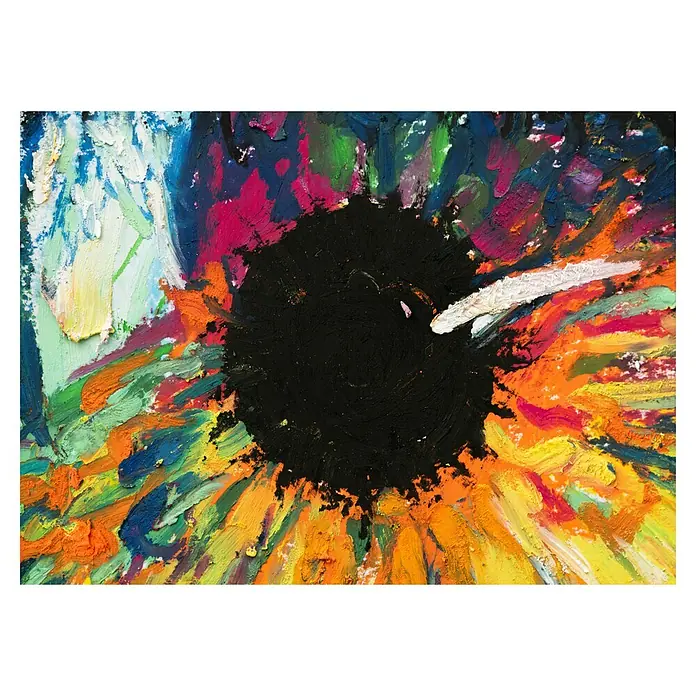 Cuadro Girasol - Girasol, An x Al: 70 x 50 cm, 1 pzs. - Primer plano de una pintura al óleo de un girasol con pinceladas gruesas y colores vibrantes, creando un efecto de textura impactante.