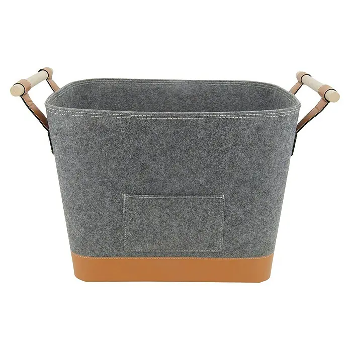 Valo Filzkorb Lysa - L x B x H: 55 x 40 x 36 cm, Grau - Grauer Filzkorb mit Lederboden und Holzgriffen, ideal zur Aufbewahrung verschiedener Gegenstände. Ein stilvolles Accessoire für jedes Zuhause.