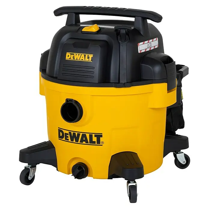 DeWalt Elektro-Nass- & Trockensauger DXV34P-QT - 960 W, Behältervolumen: 34 l, Filterreinigung: Vollautomatisch - Hier ist ein gelber und schwarzer DeWalt Nass- und Trockensauger mit Rädern für einfache Mobilität.