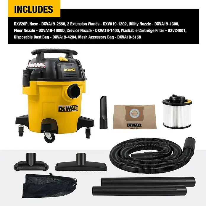 DeWalt Elektro-Nass- & Trockensauger DXV20P - 1.050 W, Behältervolumen: 20 l, Vollautomatisch - Abgebildet ist ein gelber und schwarzer DeWalt Nass-Trockensauger mit Zubehör wie Schlauch, Düsen, Verlängerungsrohre und Filter.