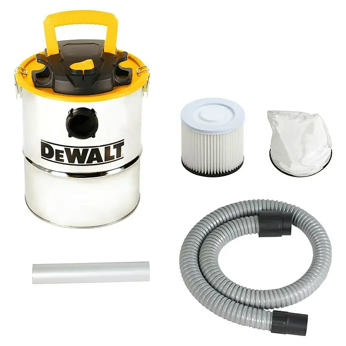 DeWalt Elektro-Aschesauger DXV15A - 600 W, Behältervolumen: 15 l, Mit Beutel - Abbildung eines DeWalt Nass- und Trockensaugers mit Zubehör wie Schlauch, Filter und Staubsaugerbeutel.