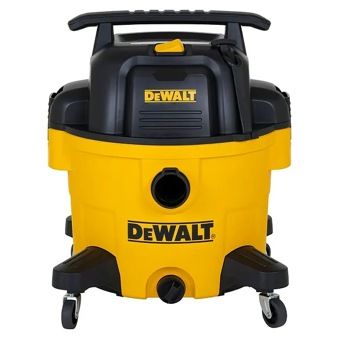DeWalt Elektro-Nass- & Trockensauger DXV34P-QT - 960 W, Behältervolumen: 34 l, Filterreinigung: Vollautomatisch - Frontansicht eines gelben und schwarzen DeWALT-Nass-/Trockensaugers mit Rädern und einem Griff oben.
