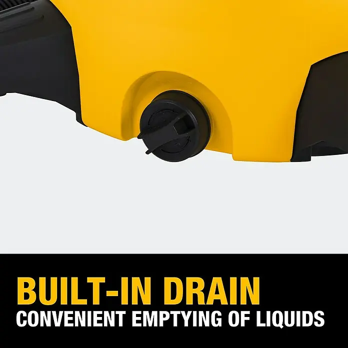 DeWalt Elektro-Nass- & Trockensauger DXV34P-QT - 960 W, Behältervolumen: 34 l, Filterreinigung: Vollautomatisch - Nahaufnahme einer gelben Reinigungsmaschine mit integriertem Ablass für bequemes Entleeren von Flüssigkeiten.
