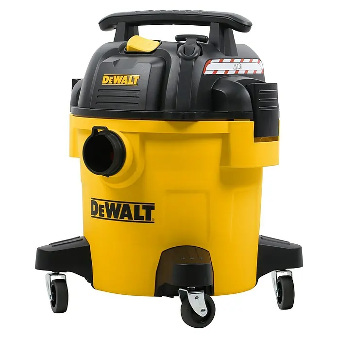 DeWalt Elektro-Nass- & Trockensauger DXV20P - 1.050 W, Behältervolumen: 20 l, Vollautomatisch - Hier ist ein gelber und schwarzer DeWalt Nass- und Trockensauger mit Rollen.