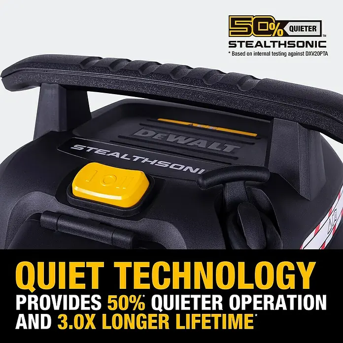 DeWalt Elektro-Nass- & Trockensauger DXV20PTA-QT - 750 W, Behältervolumen: 20 l, Filterreinigung: Vollautomatisch - Nahaufnahme eines DeWalt Stealthsonic Staubsaugers, der 50% leiser arbeitet und eine 3,0-fach längere Lebensdauer bietet.