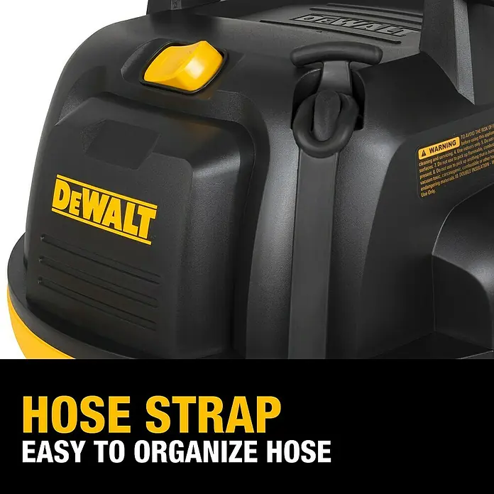 DeWalt Elektro-Nass- & Trockensauger DXV20P - 1.050 W, Behältervolumen: 20 l, Vollautomatisch - Detailaufnahme eines DEWALT Staubsaugers mit gelbem Knopf und Schlauchhalterung, ideal für eine einfache Schlauchorganisation.