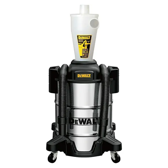 DeWalt Absauganlage DXVCS003 - Behältervolumen: 38 l - Abbildung eines DeWalt DXV38S Nass-/Trockensaugers aus Edelstahl mit weißem Zyklonstaubsammleraufsatz.