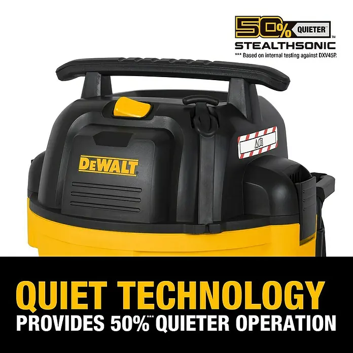 DeWalt Elektro-Nass- & Trockensauger DXV34P-QT - 960 W, Behältervolumen: 34 l, Filterreinigung: Vollautomatisch - Nahaufnahme eines gelben und schwarzen DEWALT StealthSonic Nass-/Trockensaugers mit dem Hinweis "50% leiser".