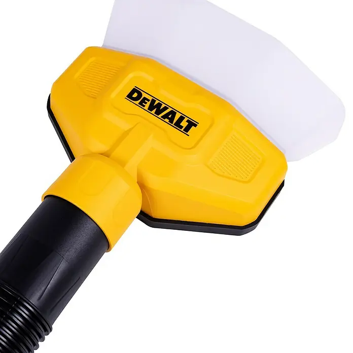 DeWalt Staubfänger DXVA00-1500E - 1 Stk. - Nahaufnahme des gelben DeWALT-Staubsaugeraufsatzes mit schwarzem Schlauch und weißem Schaber.