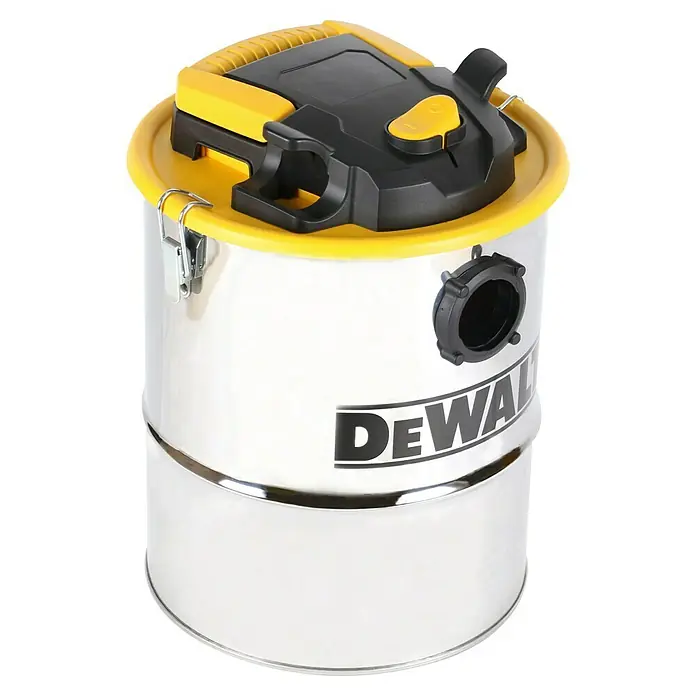 DeWalt Elektro-Aschesauger DXV15A - 600 W, Behältervolumen: 15 l, Mit Beutel - Ein Edelstahl-Nass-/Trockensauger von DeWalt mit gelbem Deckel und schwarzen Bedienelementen für den vielseitigen Einsatz.