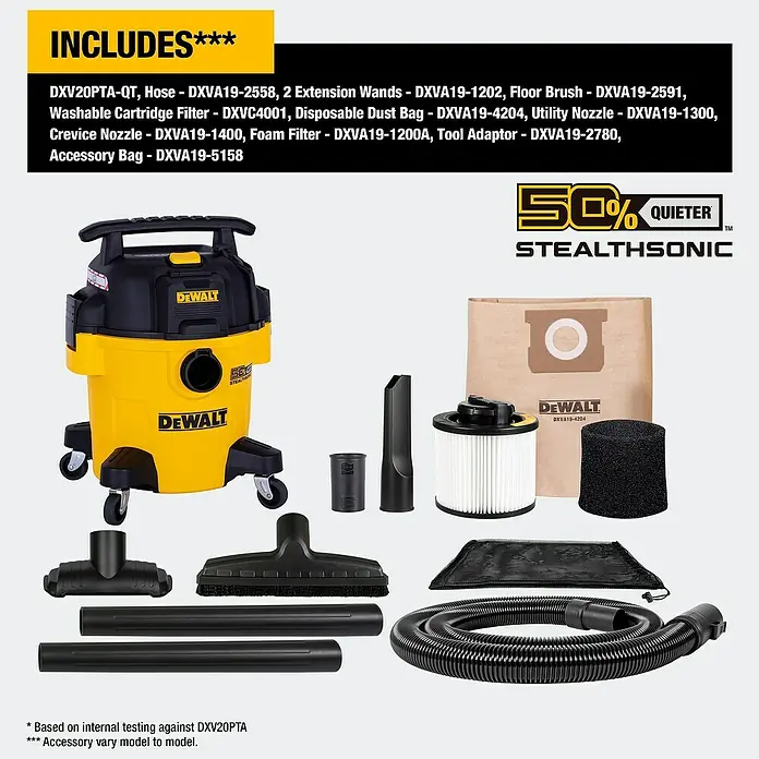 DeWalt Elektro-Nass- & Trockensauger DXV20PTA-QT - 750 W, Behältervolumen: 20 l, Filterreinigung: Vollautomatisch - Abbildung eines gelben DeWALT-Nass-/Trockensaugers mit Zubehör wie Düsen, Filtern und Schläuchen, mit dem Hinweis "50% leiser".