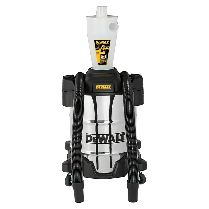 DeWalt Absauganlage DXVCS003 - Behältervolumen: 38 l - Abbildung eines DeWalt Nass- und Trockensaugers mit Staubzyklon-Aufsatz, der für effizientes Staubsaugen und längere Lebensdauer des Filters sorgt.