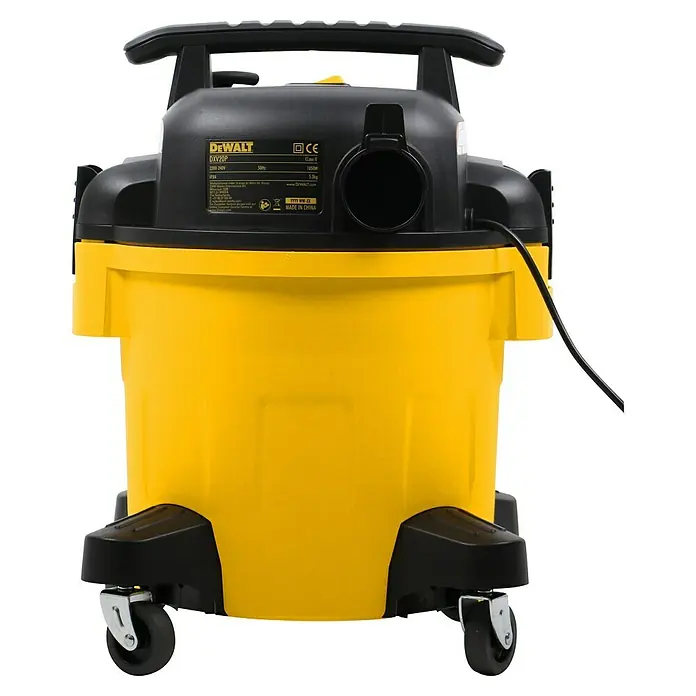 DeWalt Elektro-Nass- & Trockensauger DXV20P - 1.050 W, Behältervolumen: 20 l, Vollautomatisch - Gelber DeWalt Nass- und Trockensauger mit schwarzem Oberteil und Rollen für einfache Mobilität.