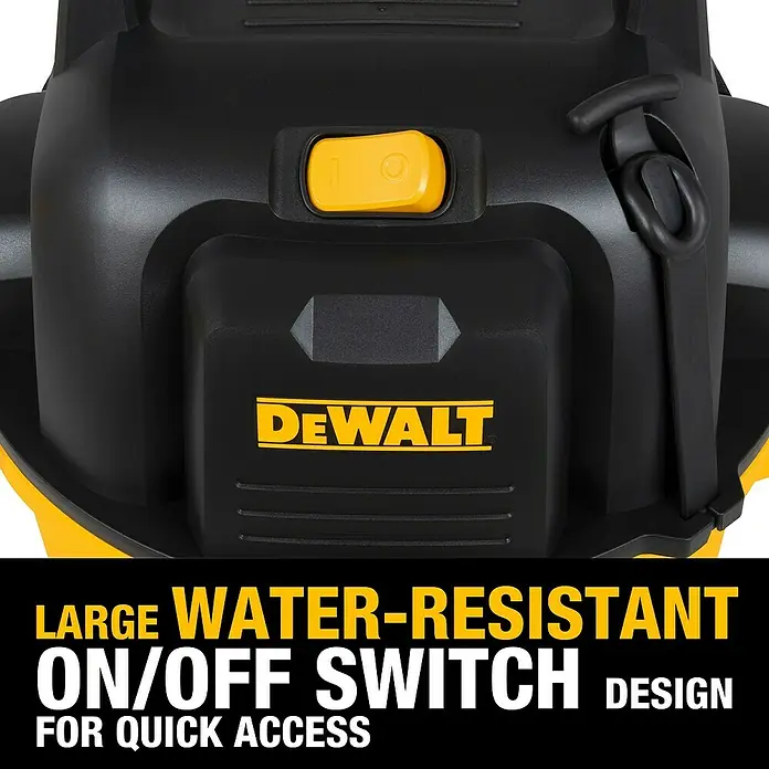 DeWalt Elektro-Nass- & Trockensauger DXV20P - 1.050 W, Behältervolumen: 20 l, Vollautomatisch - Detailaufnahme eines DeWalt Nass-Trockensaugers mit großem, wasserabweisendem Ein-/Ausschalter für schnellen Zugriff.