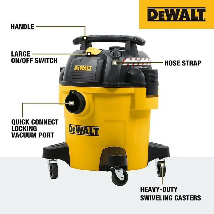 DeWalt Elektro-Nass- & Trockensauger DXV20P - 1.050 W, Behältervolumen: 20 l, Vollautomatisch - Das Bild zeigt einen gelben DEWALT Nass- und Trockensauger mit schwarzem Oberteil, Griff und Rädern, hervorgehoben durch Beschriftungen seiner Merkmale.