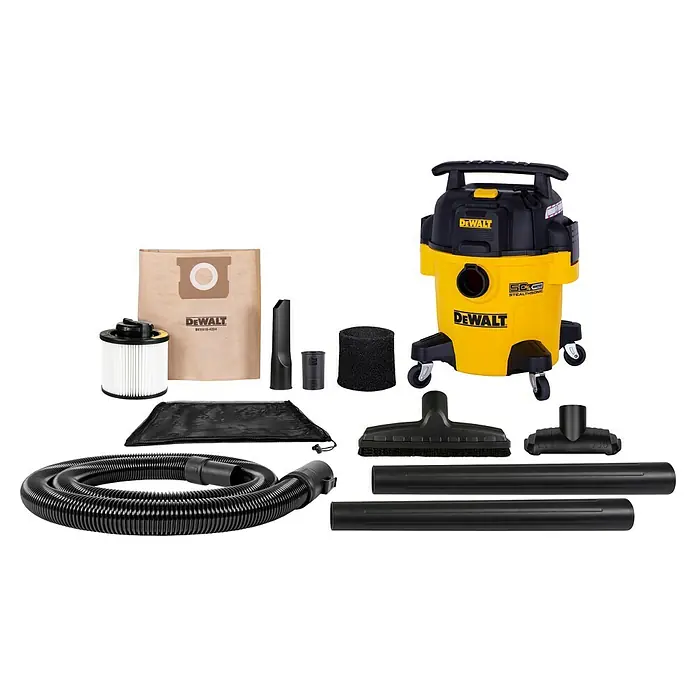 DeWalt Elektro-Nass- & Trockensauger DXV20PTA-QT - 750 W, Behältervolumen: 20 l, Filterreinigung: Vollautomatisch - Produktansicht des DeWalt-Nass-/Trockensaugers mit Zubehör. Leistungsstarkes Reinigungsgerät für Werkstatt und Baustelle.