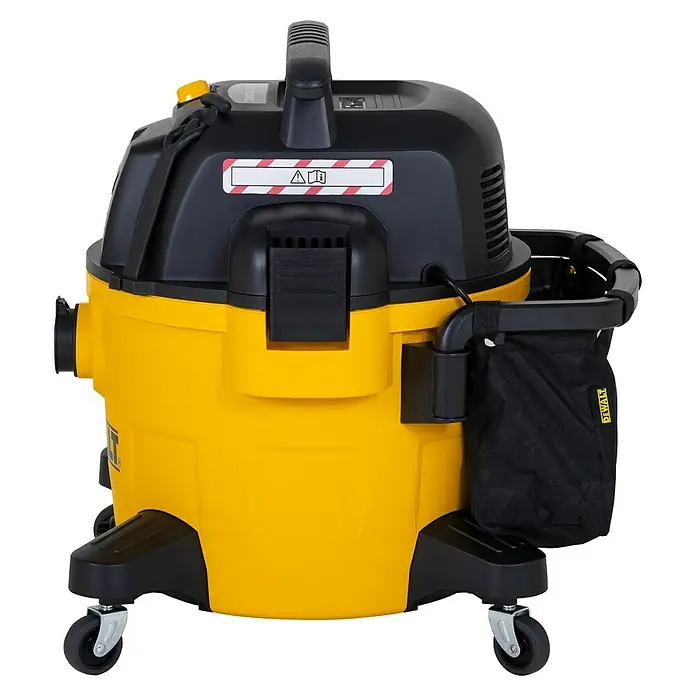 DeWalt Elektro-Nass- & Trockensauger DXV34P-QT - 960 W, Behältervolumen: 34 l, Filterreinigung: Vollautomatisch - Abbildung eines gelben und schwarzen Nass-/Trockensaugers von DeWalt mit Rädern und Zubehörfach.