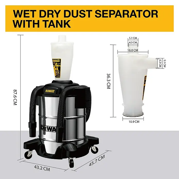 DeWalt Absauganlage DXVCS003 - Behältervolumen: 38 l - Abbildung eines Nass-Trocken-Staubabscheiders von DeWalt mit Tank, der seine Abmessungen zeigt.