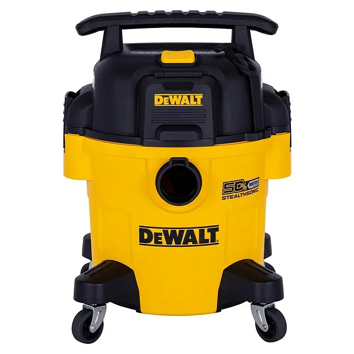 DeWalt Elektro-Nass- & Trockensauger DXV20PTA-QT - 750 W, Behältervolumen: 20 l, Filterreinigung: Vollautomatisch - Abbildung eines gelb-schwarzen DeWalt-Nass- und Trockensaugers mit Rollen für einfachen Transport.