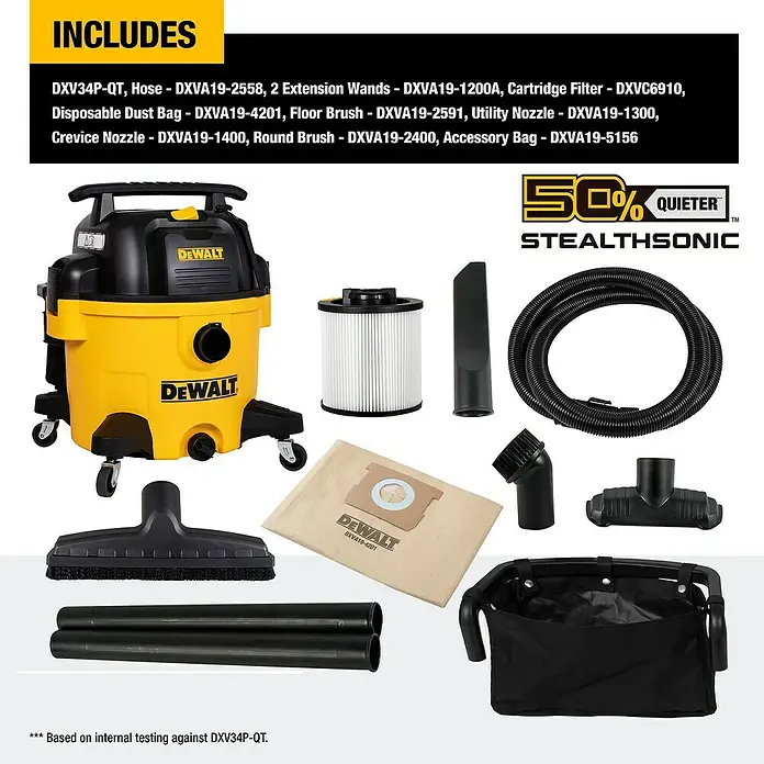 DeWalt Elektro-Nass- & Trockensauger DXV34P-QT - 960 W, Behältervolumen: 34 l, Filterreinigung: Vollautomatisch - Das Bild zeigt einen gelben DeWalt-Nass-Trockensauger mit Zubehör wie Düsen, Verlängerungsrohren, Filter und einem Staubsaugerbeutel.