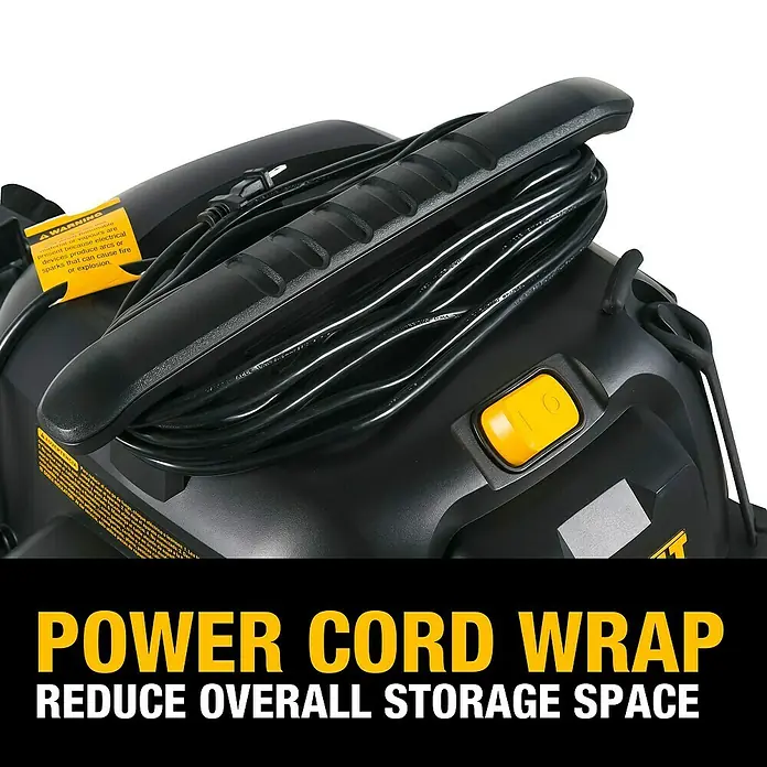 DeWalt Elektro-Nass- & Trockensauger DXV20P - 1.050 W, Behältervolumen: 20 l, Vollautomatisch - Detailaufnahme einer schwarzen Kabelaufwicklung für ein Elektrowerkzeug, die zur Reduzierung des Stauraums beiträgt.