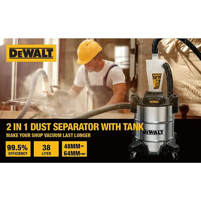 DeWalt Absauganlage DXVCS003 - Behältervolumen: 38 l - Das Bild zeigt einen DEWALT 2-in-1 Staubabscheider mit Tank, der die Effizienz von Staubsaugern steigert und eine lange Lebensdauer ermöglicht.