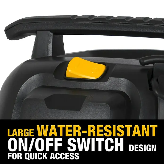DeWalt Elektro-Nass- & Trockensauger DXV34P-QT - 960 W, Behältervolumen: 34 l, Filterreinigung: Vollautomatisch - Nahaufnahme eines wasserfesten Ein/Aus-Schalters eines schwarzen Geräts mit gelbem Schalter.